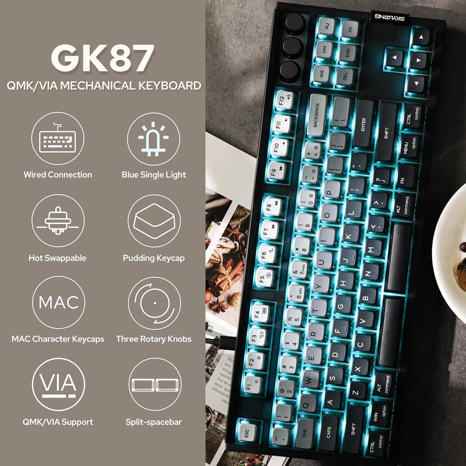 EPOMAKER SKYLOONG GK87 QMK/Via Clavier mécanique Filaire TKL avec 3 Boutons rotatifs, échange à Chaud, Programmable, Barre d'espace divisée, pour Win/Mac (QMK White, Flamingo Mechanical)