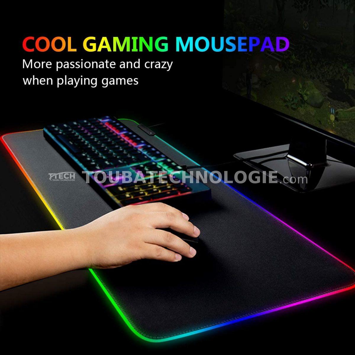 Tapis de souris gaming GMS WT-5 RGB – Format étendu 70 × 30 cm – Pour clavier et souris