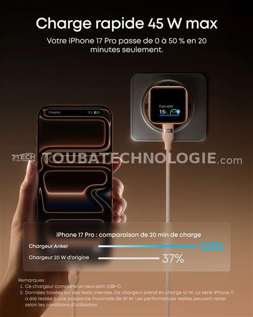 Anker Nano Charger 45W avec écran – Noir – 1 port USB-C